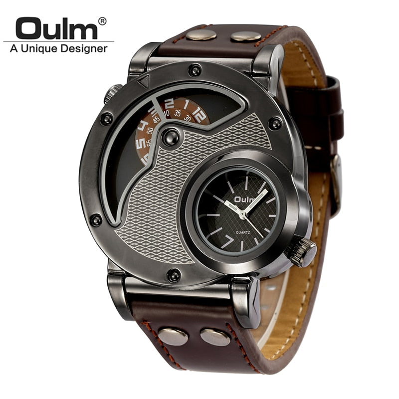 Mens Unique Steampunk Watch with Dual Time Zone and Leather band