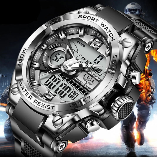 2023 LIGE Men's Sport Watch with Large Digital Dial, Waterproof, Alarm, Dual Display