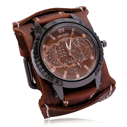 Cool Factor 11 Mens Big Dial Watch with Steam Punk Leather Band