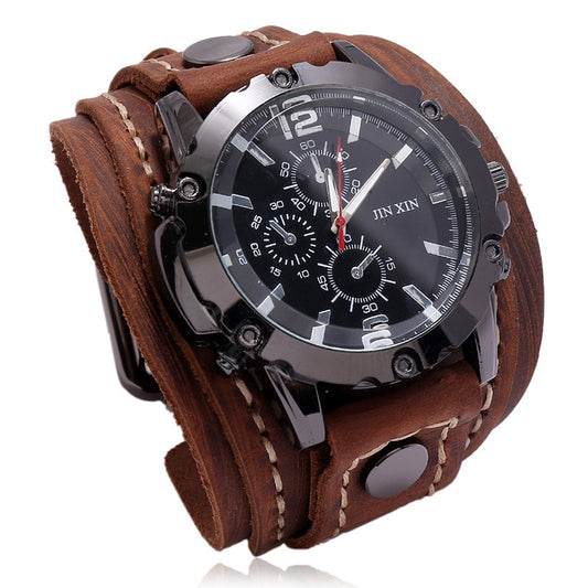 Mens Large Dial Cuff Style Quartz Watch with genuine Cowhide Watchband