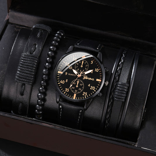 Men's Luxury Leather Watch Gift Set - Quartz Movement watch plus Leather Bracelets